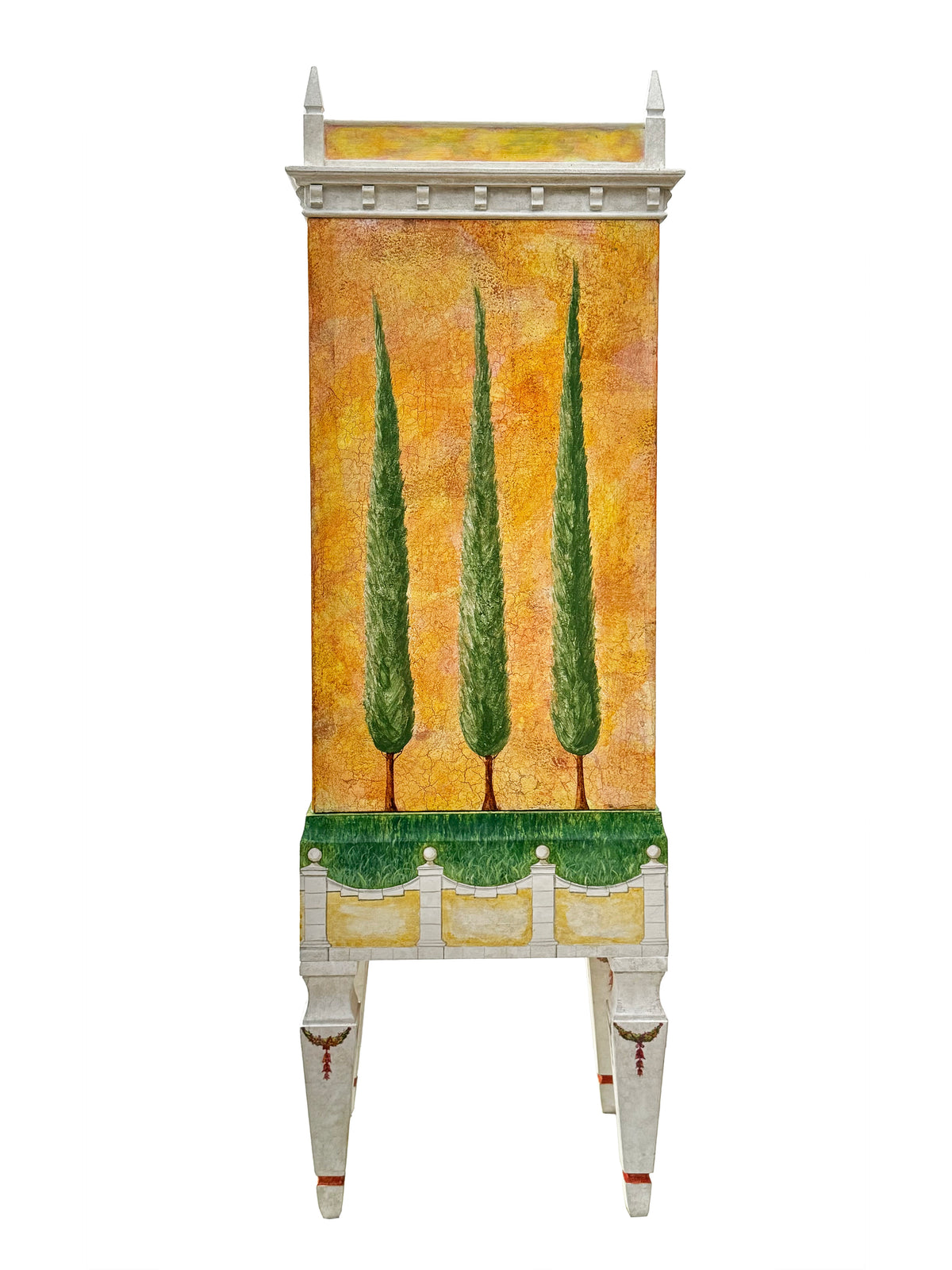 Rear elevation of Piccolo Toscano with three hand-painted cypress trees against a textured golden façade, inspired by traditional Tuscan decorative art.
