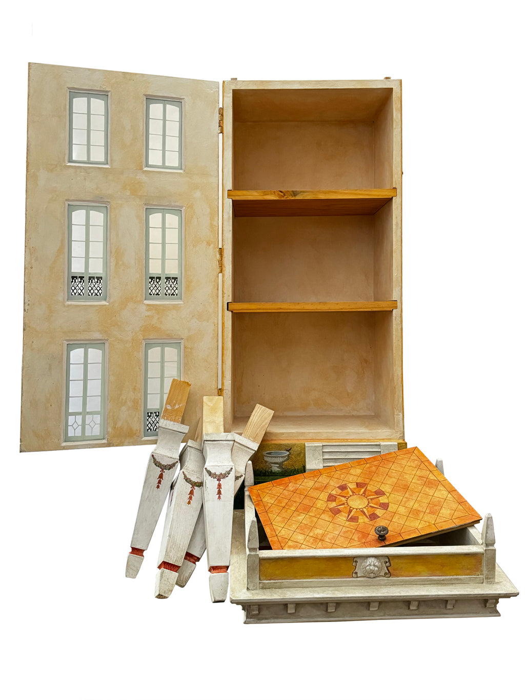 Cypress House exploded dollhouse view showing removable façade, interior shelves, separate legs and handcrafted construction