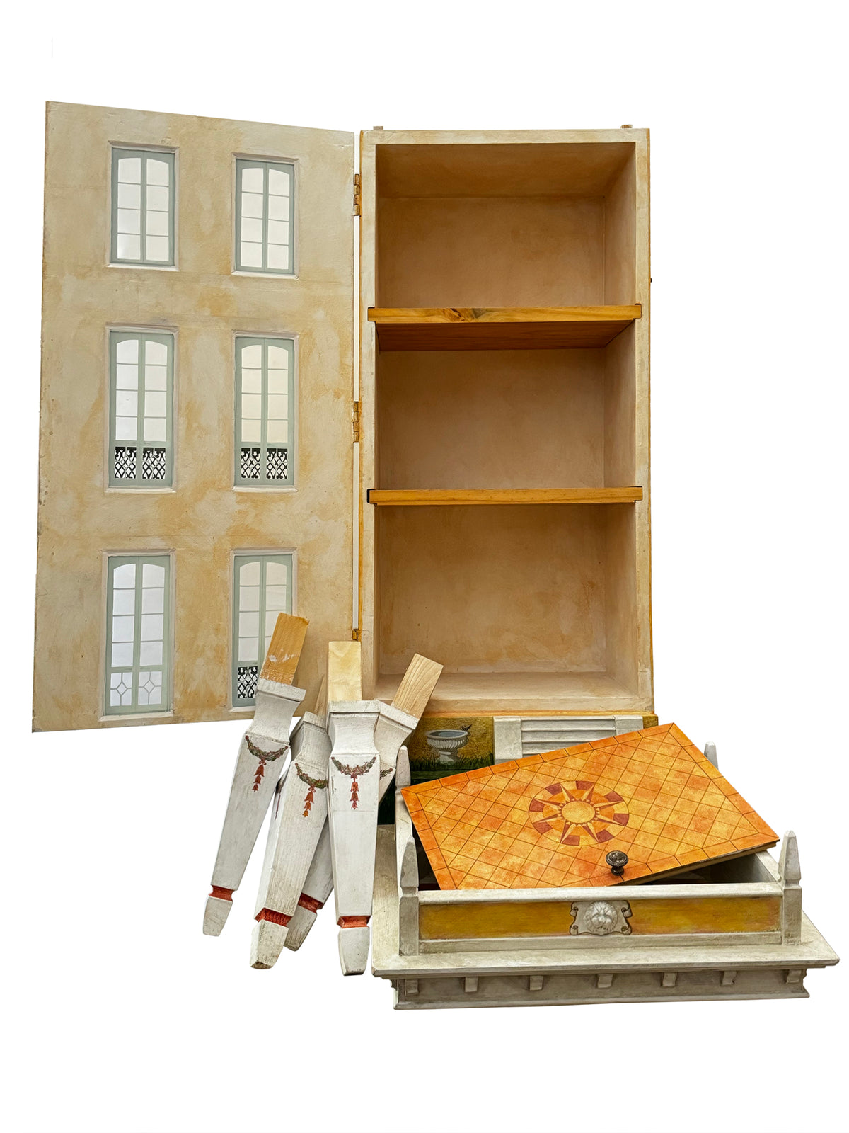 Cypress House exploded dollhouse view showing removable façade, interior shelves, separate legs and handcrafted construction