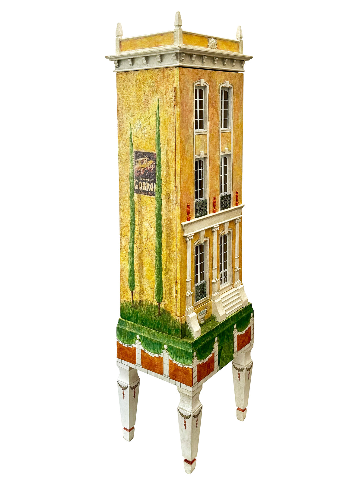 Cypress House side elevation with hand-painted cypress trees, patina and vintage poster, a French decorative art miniature