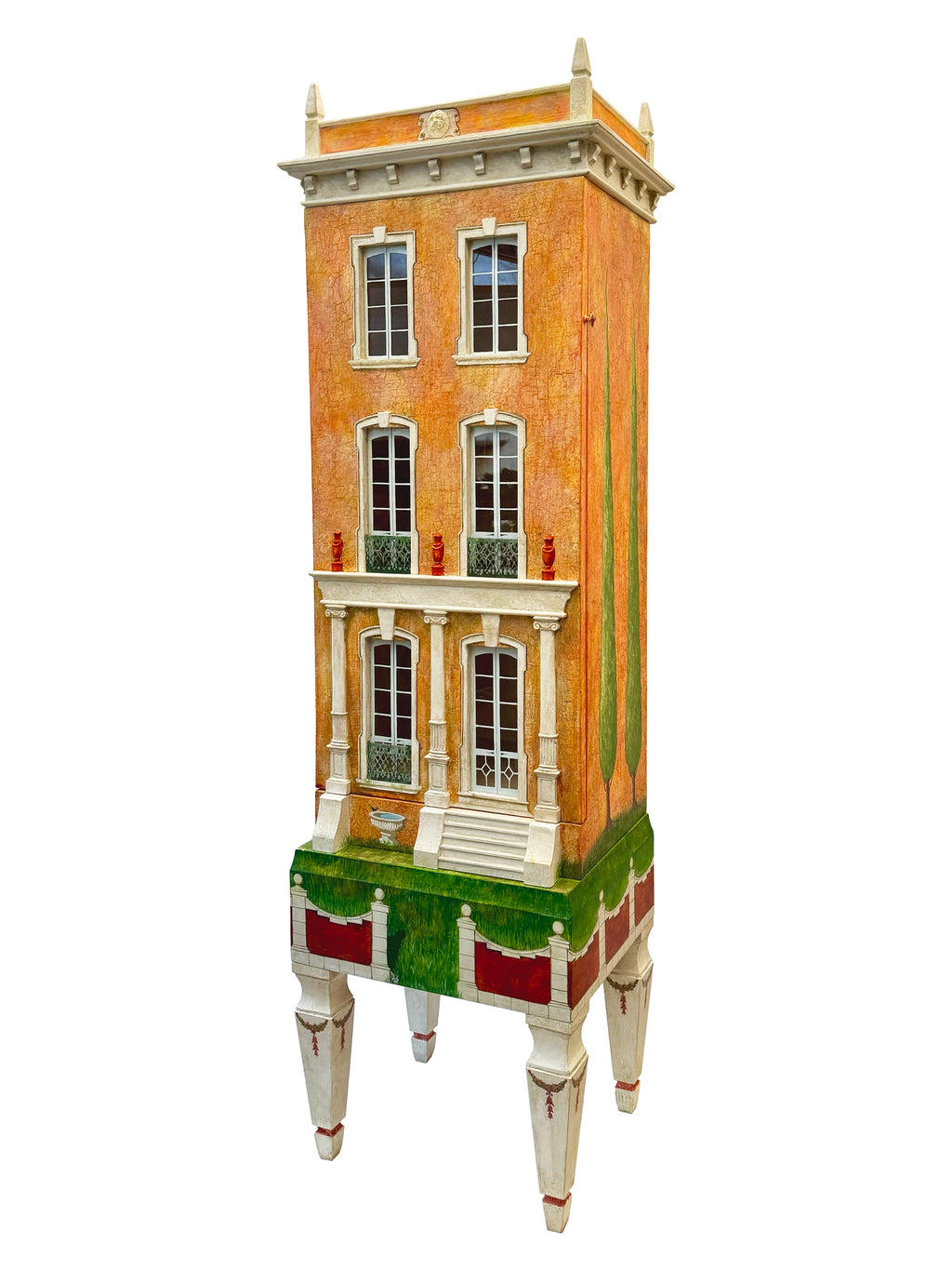 Freestanding Cypress House on painted legs, a bespoke collectible architectural dollhouse and sculptural miniature furniture