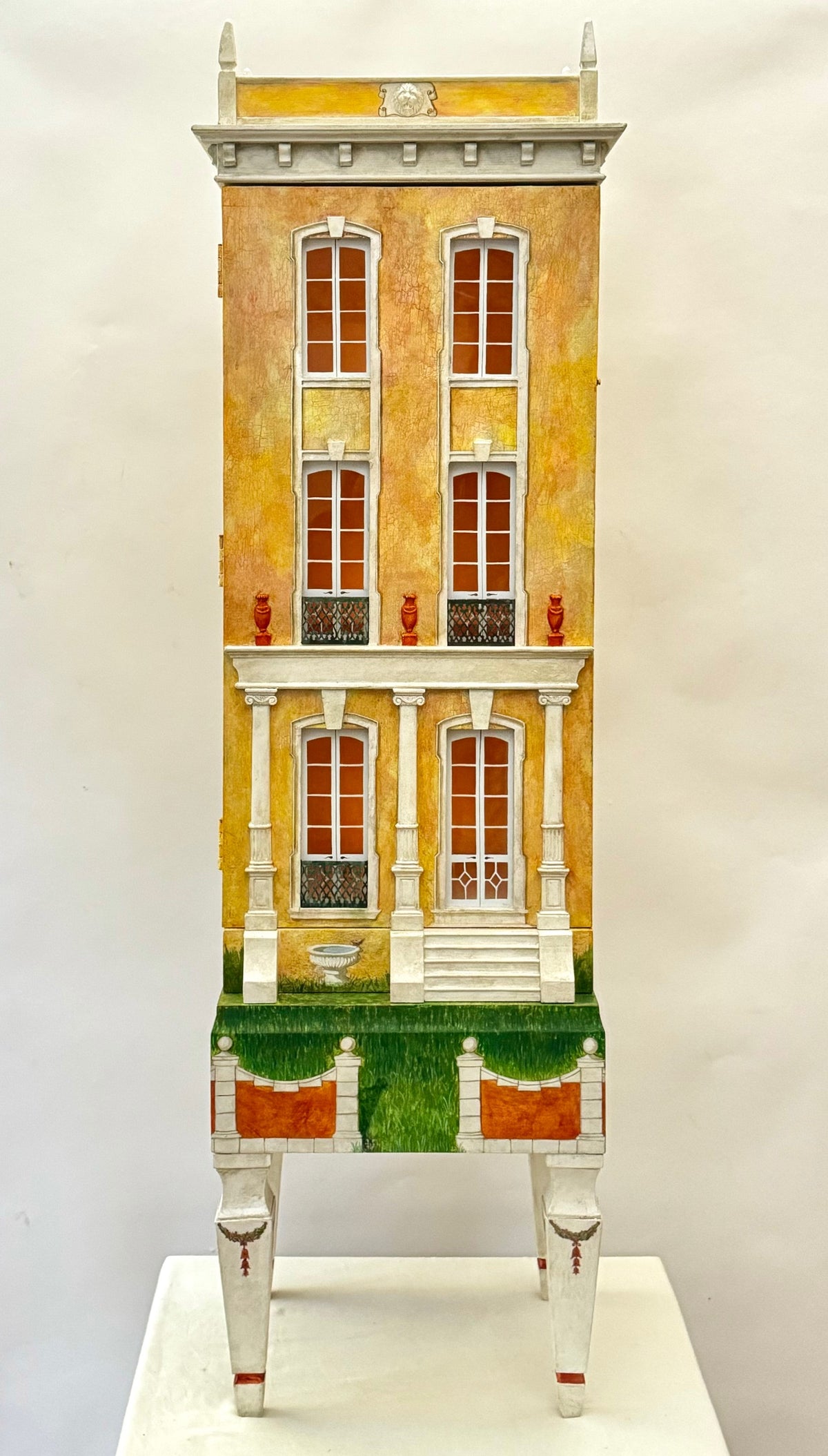 Studio portrait of Cypress House, an elegant collector-grade miniature townhouse and handcrafted architectural art object