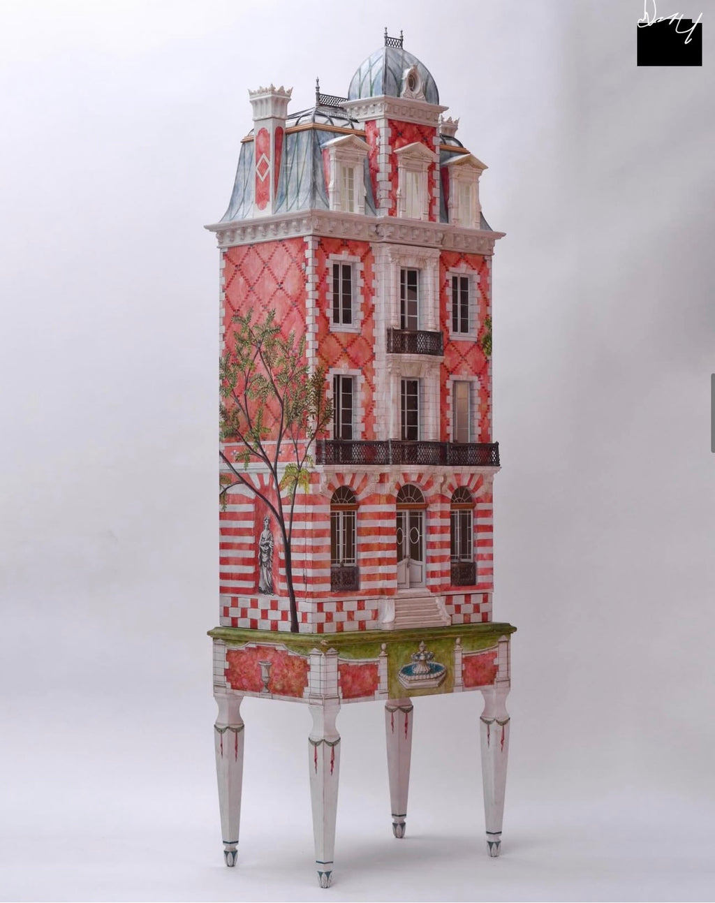 Collectible French miniature house with hand-painted red brick façade, cypress tree mural and sculptural furniture legs