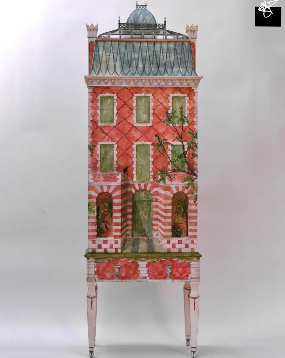 Rear elevation of a bespoke architectural model with trompe-l’oeil windows, painted masonry and glass conservatory roof