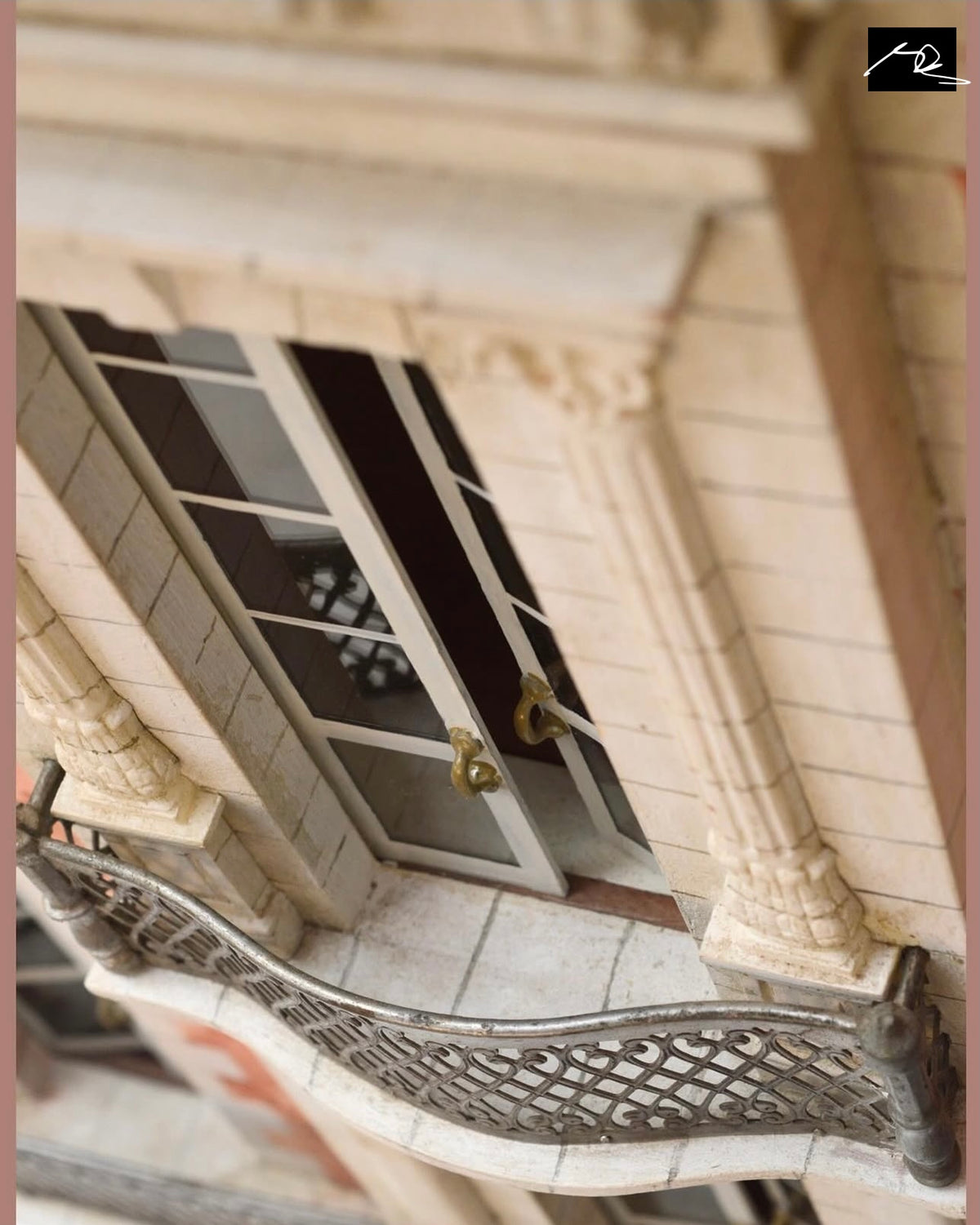 Handcrafted miniature sash window and classical cornice detail on the Red Brick Second Empire dollhouse façade.