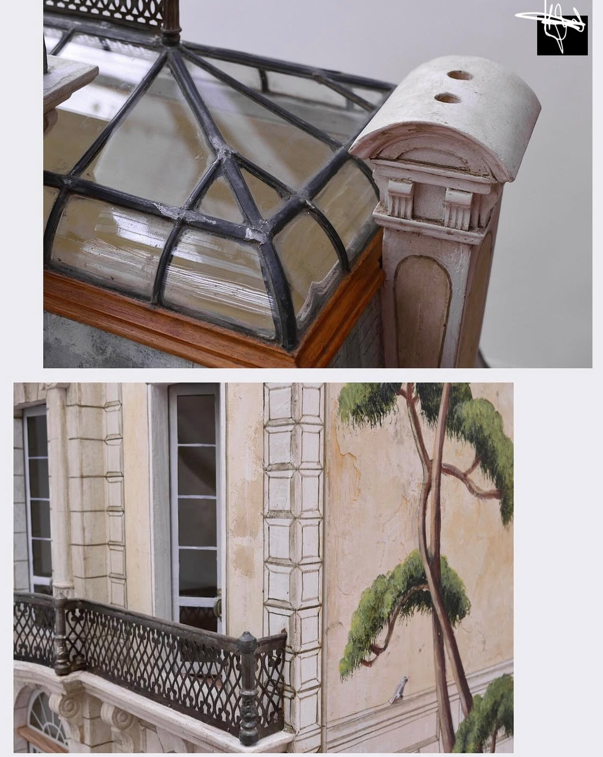 Glass conservatory roof, classical chimney and hand-painted cypress mural details on the Whitestone collector dollhouse.