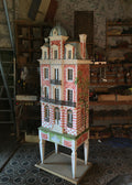 Red Brick Glass Roof House, a handmade Second Empire architectural dollhouse with painted façade and ornate metal balconies