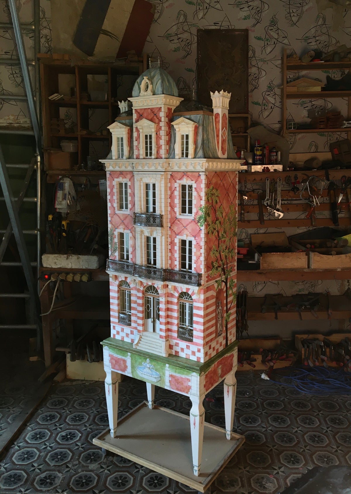 Red Brick Glass Roof House, a handmade Second Empire architectural dollhouse with painted façade and ornate metal balconies