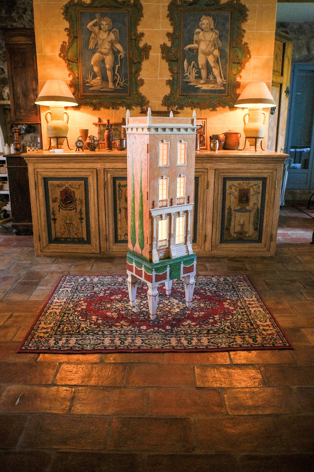 Three-quarter side view of Cypress House, a one-of-a-kind miniature architectural sculpture with hand-painted cypress trees