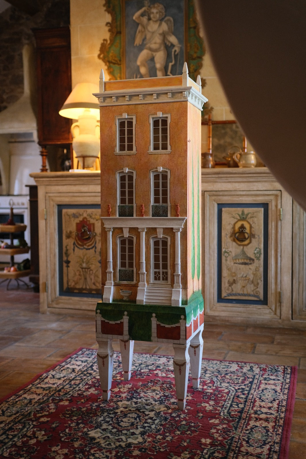 Cypress House handmade architectural dollhouse, a classical miniature townhouse with orange façade and painted cypress trees