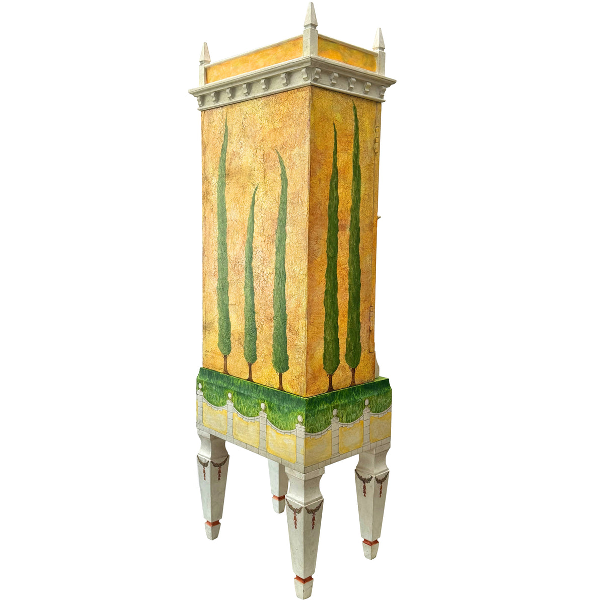 Side and rear elevation of Piccolo Toscano, featuring hand-painted Tuscan cypress trees, an aged ochre plaster effect and decorated tapered furniture legs.