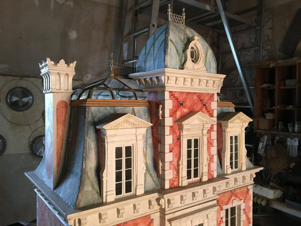 Curved glass roof and mansard detail on the Red Brick Second Empire dollhouse, handcrafted by Eric Lansdown in France