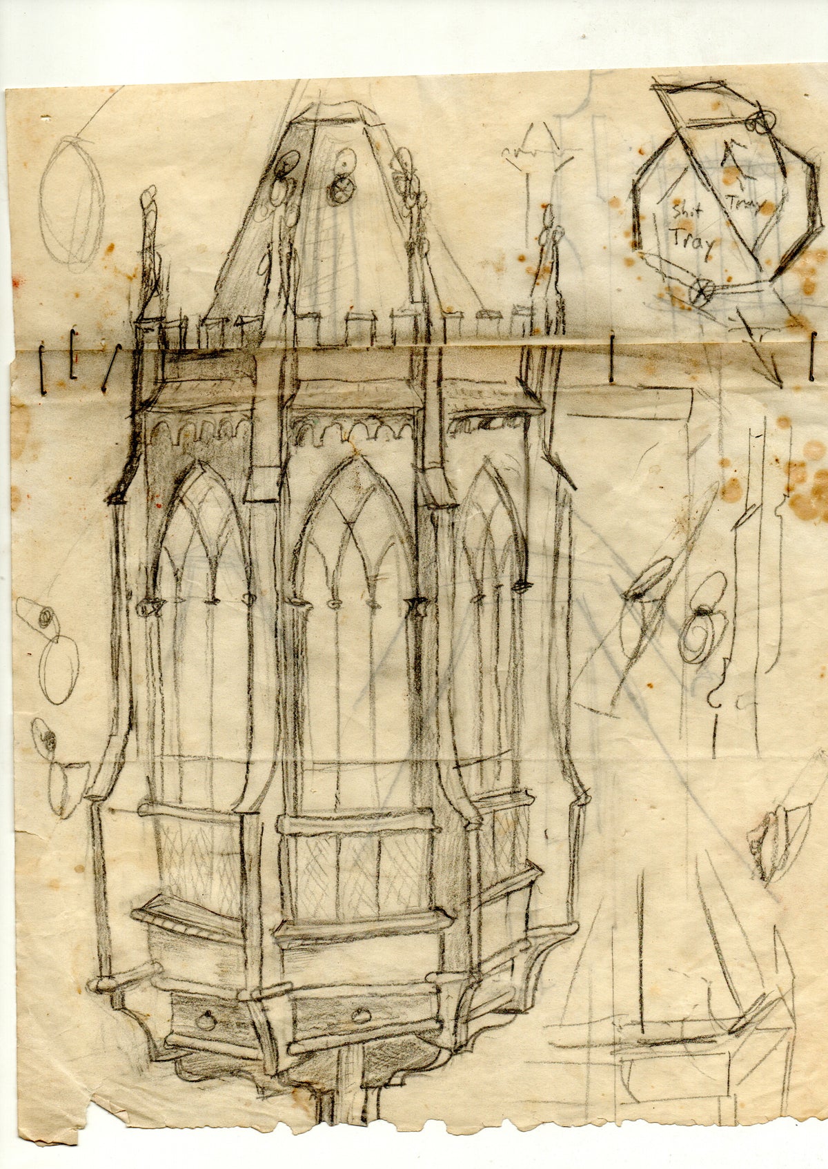 Hand-drawn architectural study by Eric Lansdown for an ornate Gothic-style aviary tower, showing its proportions, arches and decorative details.