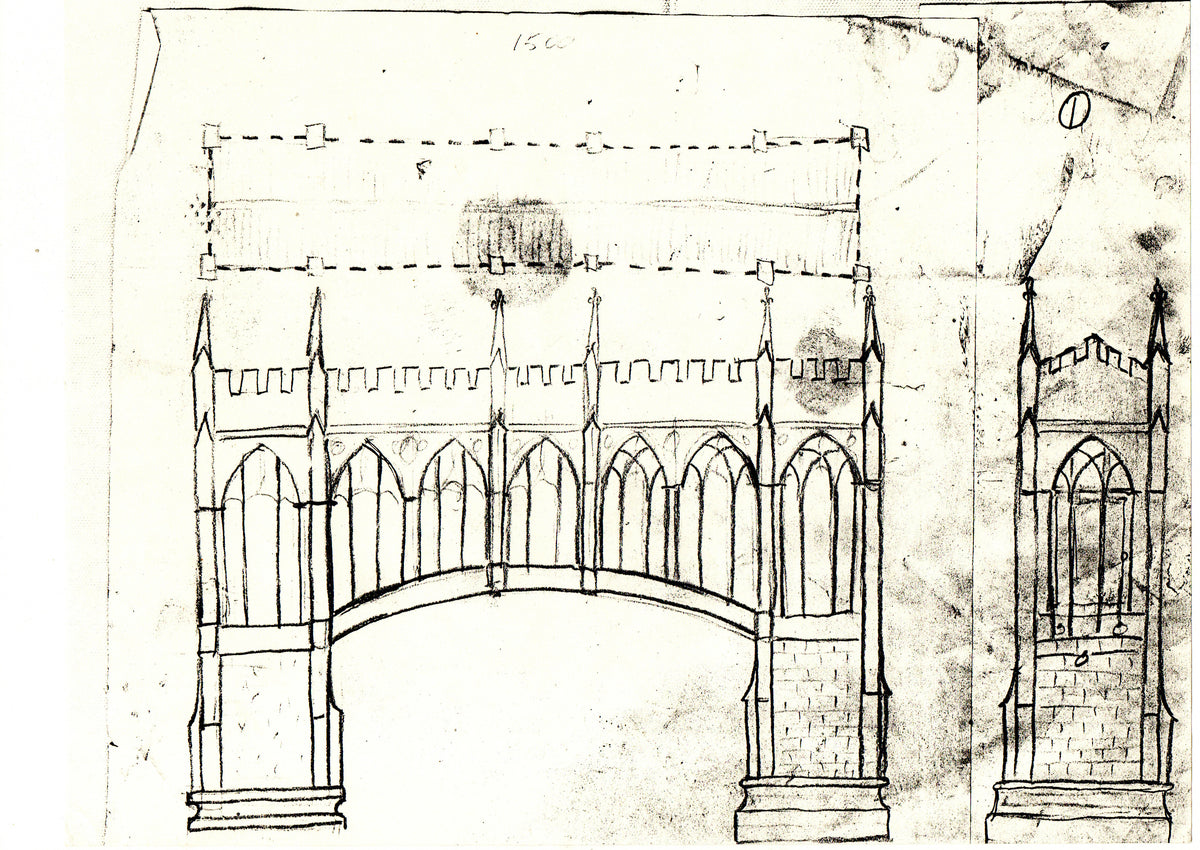 Architectural design sketches by Eric Lansdown for a handcrafted Gothic-style aviary, showing pointed arches, towers and ornamental metalwork.